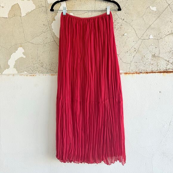 Vtg Maxi Skirt Pleated Chiffon Crinkle Red Elastic Waist Lettuce Hem Womens M - Picture 4 of 7